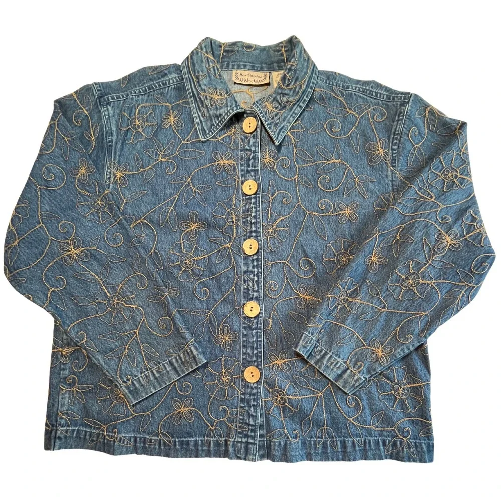 Vintage 90s Embroidered Denim Jacket L 100% Cotton Floral Western Granny‎ Artsy